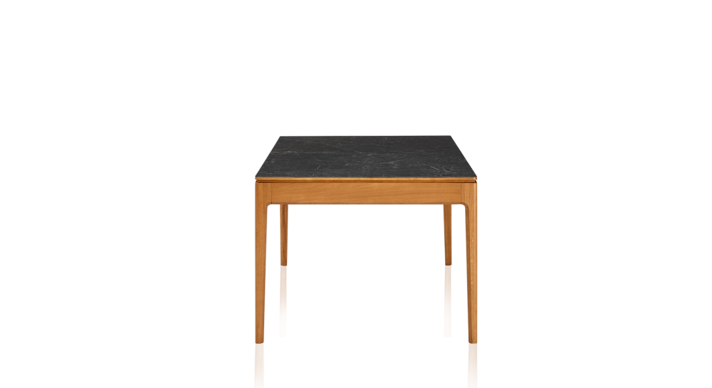 Table extensible en chêne et céramique 6 à 10 personnes allonges céramique avec bois teinte merisier et plateau et allonges céramique effet ardoise 140x90 cm