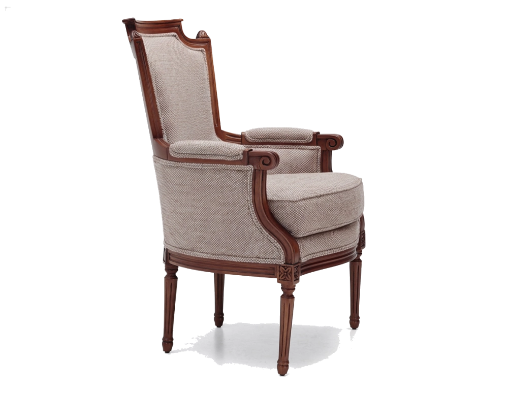 Louis XVI style bergère armchair bois teinte ancienne et tissu chiné beige, gris et orange