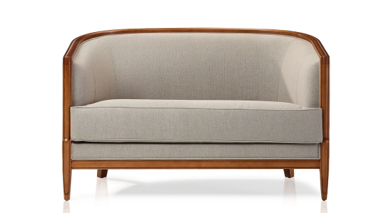 Canapé ancien 2 places accoudoirs moulurés bois teinte ancienne et tissu beige naturel