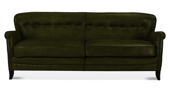 Canapé club cuir 3 places vert olive accoudoirs cloutés