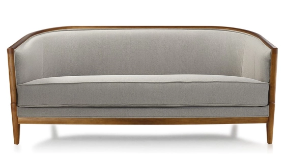 Canapé ancien 3 places bois teinte merisier et tissu gris clair