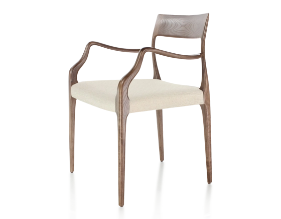 Chaise scandinave avec accoudoirs bois teinte marron foncé assise tissu chevron beige