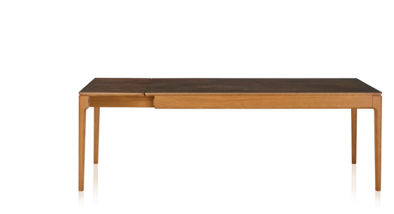 Table extensible 8 à 14 personnes en chêne et céramique allonges céramique avec bois teinte merisier et plateau et allonges céramique brun oxydé 210x100 cm