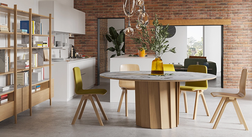 Table salle à manger ronde 6 personnes en chêne et céramique avec bois teinte naturelle et plateau céramique effet marbre blanc 140 cm Table salle à manger ronde 6 personnes en chêne et céramique avec bois teinte naturelle et plateau céramique effet marbre blanc 140 cm