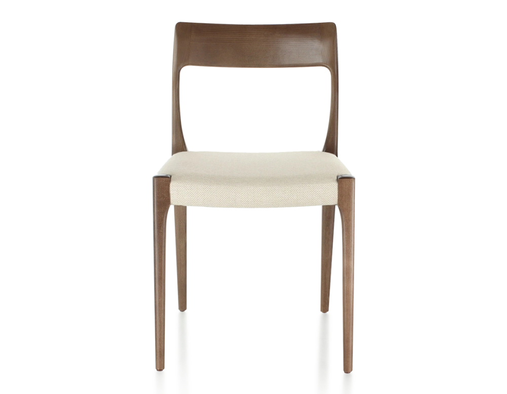 Chaise scandinave bois teinte marron foncé assise tissu chevron beige Chaise scandinave bois teinte marron foncé assise tissu chevron beige