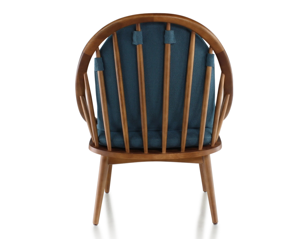Fauteuil scandinave bois teinte merisier et tissu bleu océan Fauteuil scandinave bois teinte merisier et tissu bleu océan