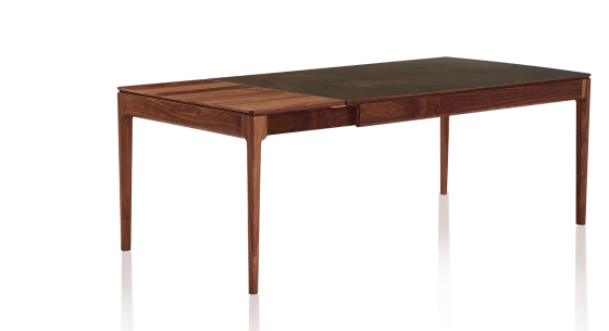 Table extensible 8 à 12 personnes en noyer et céramique allonges bois avec bois teinte naturelle et plateau céramique brun oxydé 180x100 cm