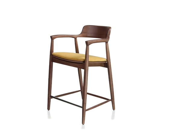 Tabouret de bar h60 cm bois teinte noyer assise tissu jaune