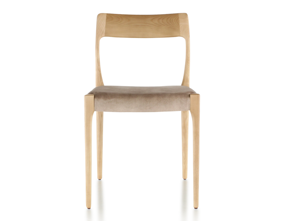 Chaise scandinave bois teinte naturelle assise tissu velours taupe clair Chaise scandinave bois teinte naturelle assise tissu velours taupe clair