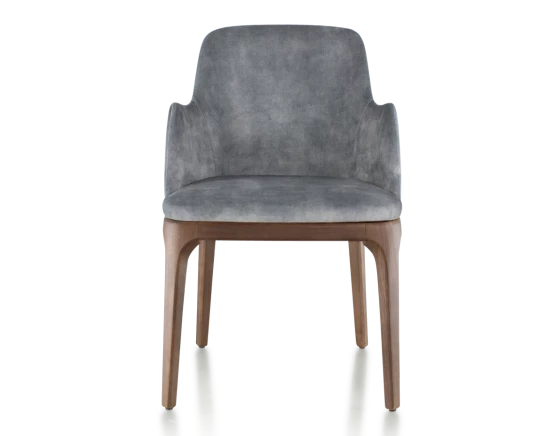 Chaise design avec accoudoirs bois teinte marron foncé et tissu velours gris