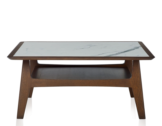Square coffee table in oak and ceramic with dark brown stained wood white marble effect ceramic top 100x100 cm