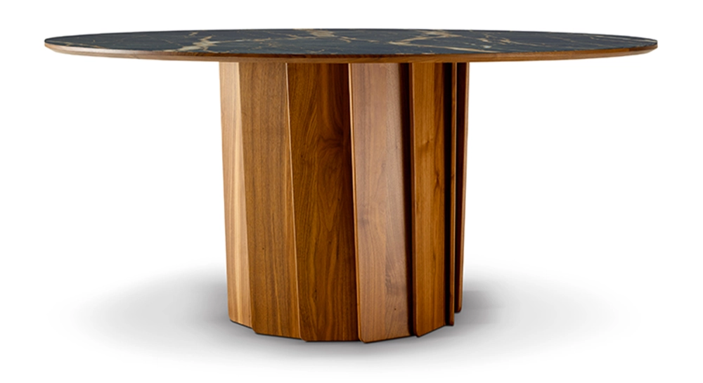 Round dining table for 6 people in walnut and ceramic natural tint black marble effect top 120 cm Round dining table for 6 people in walnut and ceramic natural tint black marble effect top 120 cm