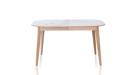 Table extensible en chêne et céramique allonges bois avec bois teinte naturelle et plateau céramique effet marbre blanc 180x100 cm