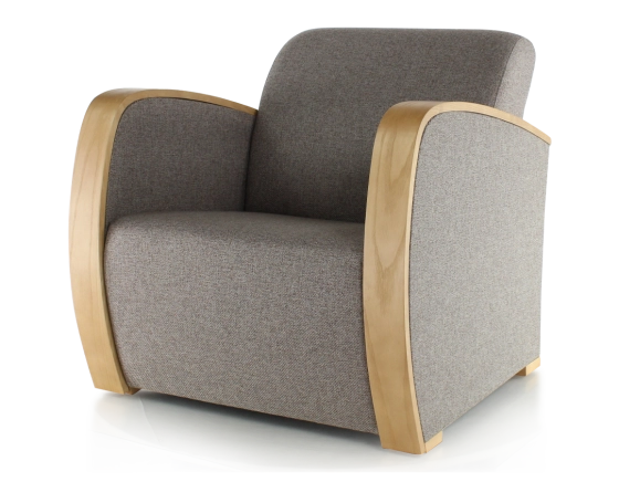 Designer armchair natural wood stain and brown fabric
