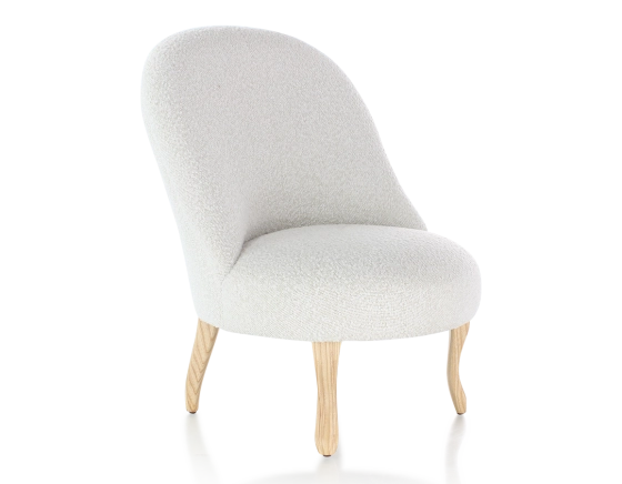 Armless toad chair natural tint wooden legs and white looped fabric