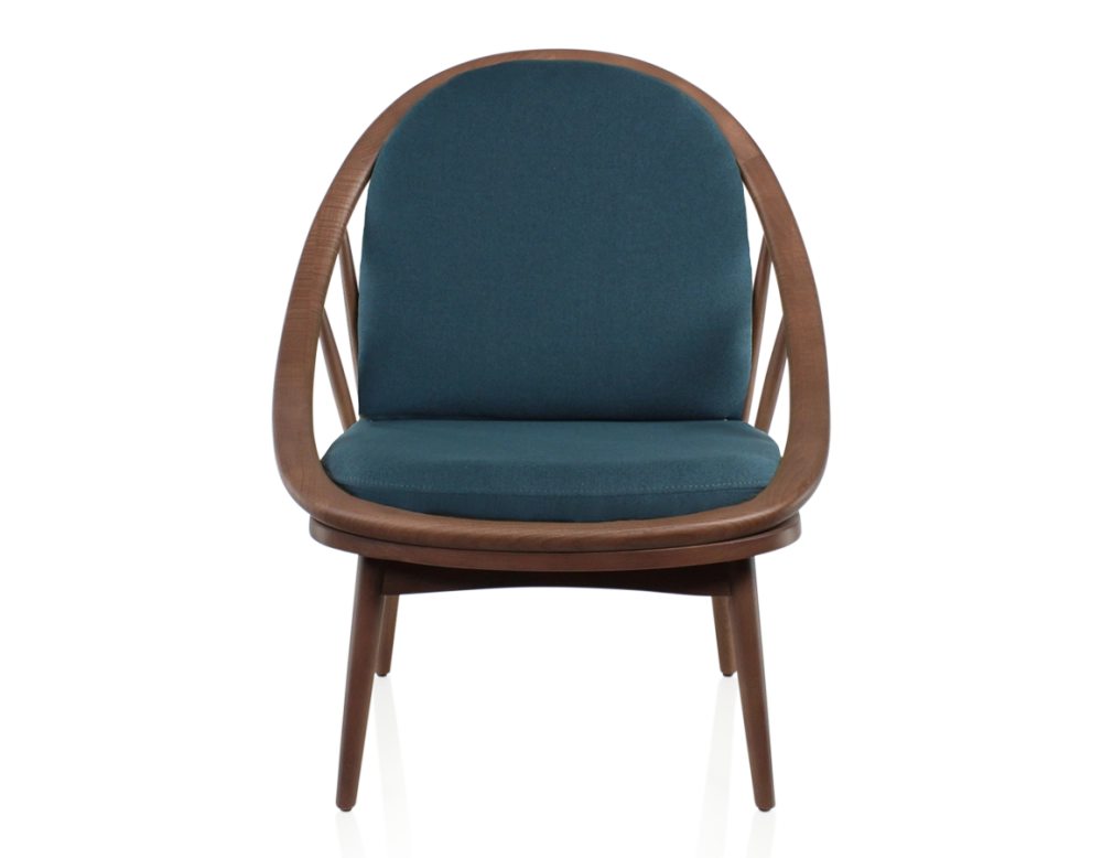 Fauteuil scandinave bois teinte noyer et tissu bleu océan Fauteuil scandinave bois teinte noyer et tissu bleu océan