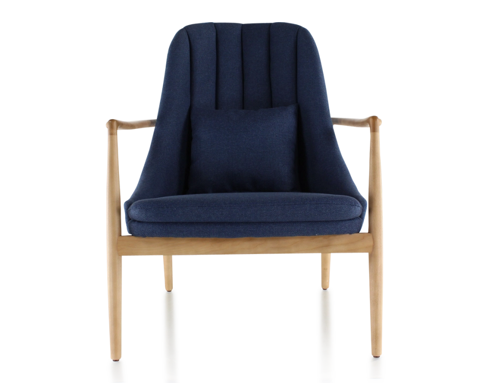 Fauteuil scandinave bois teinte naturelle et tissu bleu marine Fauteuil scandinave bois teinte naturelle et tissu bleu marine
