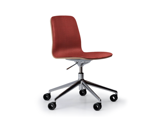 Design office chair aluminum metal base with red-purple fabric seat on casters.
