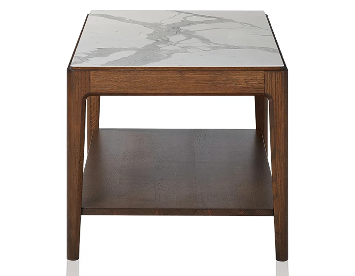 Table basse rectangulaire en chêne et céramique avec tablette en bois teinte marron foncé plateau céramique effet marbre blanc 100x50 cm
