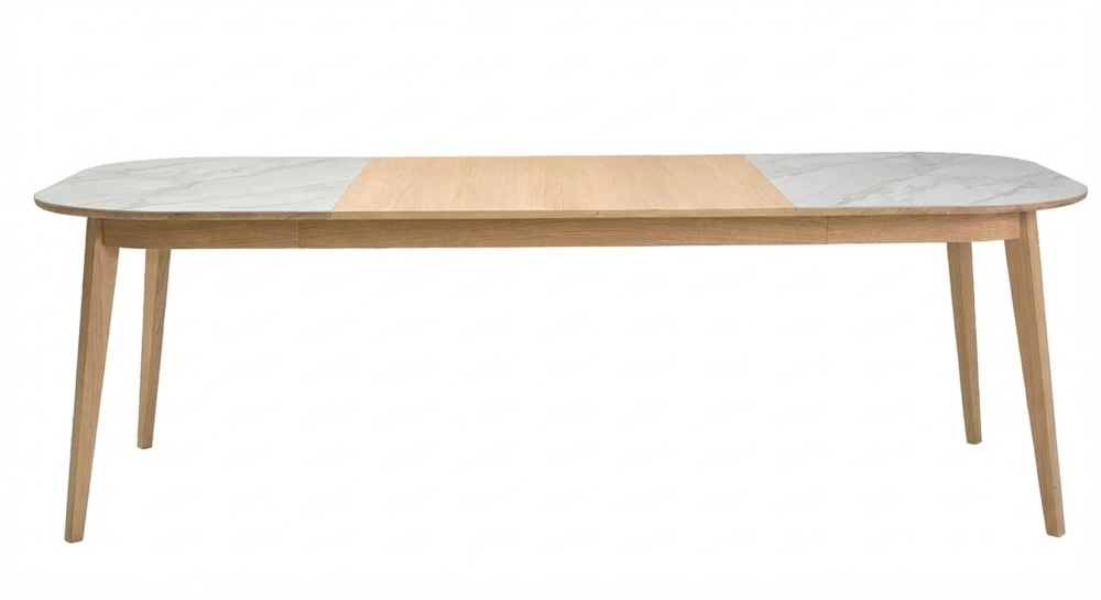 Table extensible 6 à 10 personnes en chêne et céramique allonges bois avec bois teinte naturelle et plateau céramique effet marbre blanc 140x90 cm