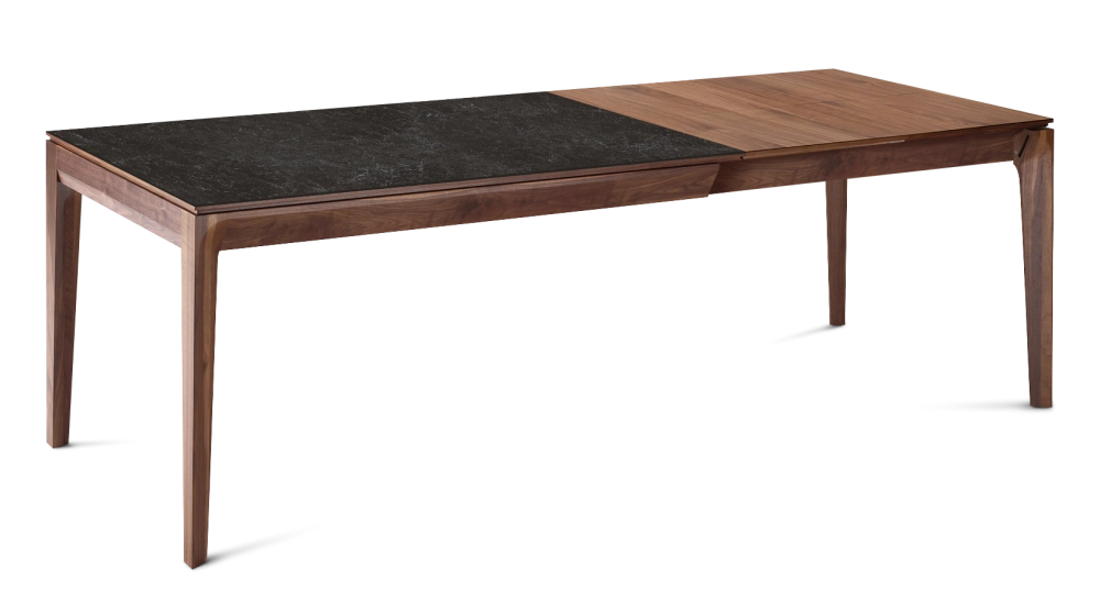 Extending table for 8 to 12 people in walnut and ceramic with wooden extensions with natural wood stain and slate effect ceramic top 160x100 cm Extending table for 8 to 12 people in walnut and ceramic with wooden extensions with natural wood stain and slate effect ceramic top 160x100 cm