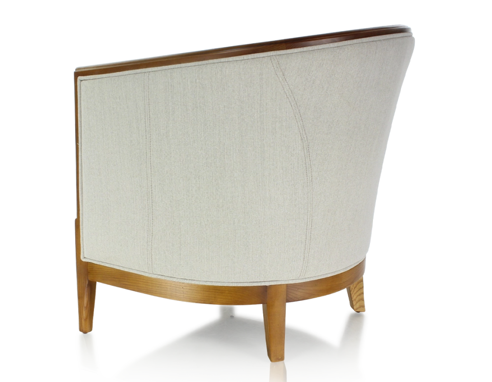 Fauteuil ancien accoudoirs moulurés bois teinte ancienne et tissu beige naturel