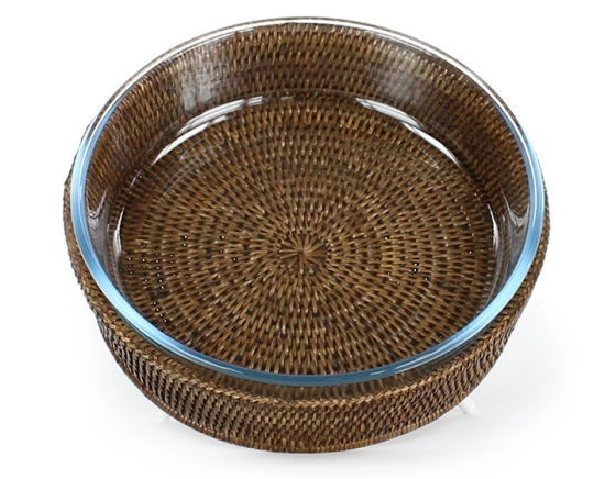 Plat pyrex rond avec support en rotin brun