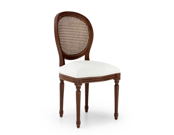 Chaise ancienne style Louis XVI bois teinte marron foncée dossier canné assise tissu bouclé blanc