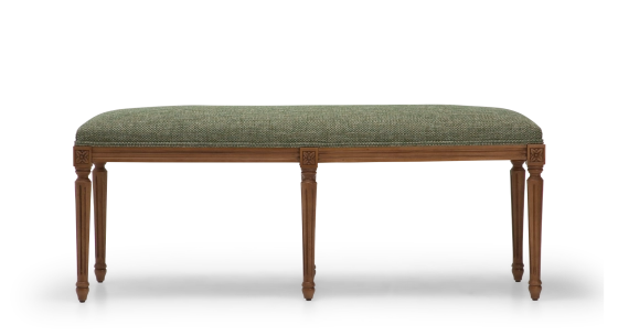 Louis XVI style antique bench wood antique stain and green mottled fabric.