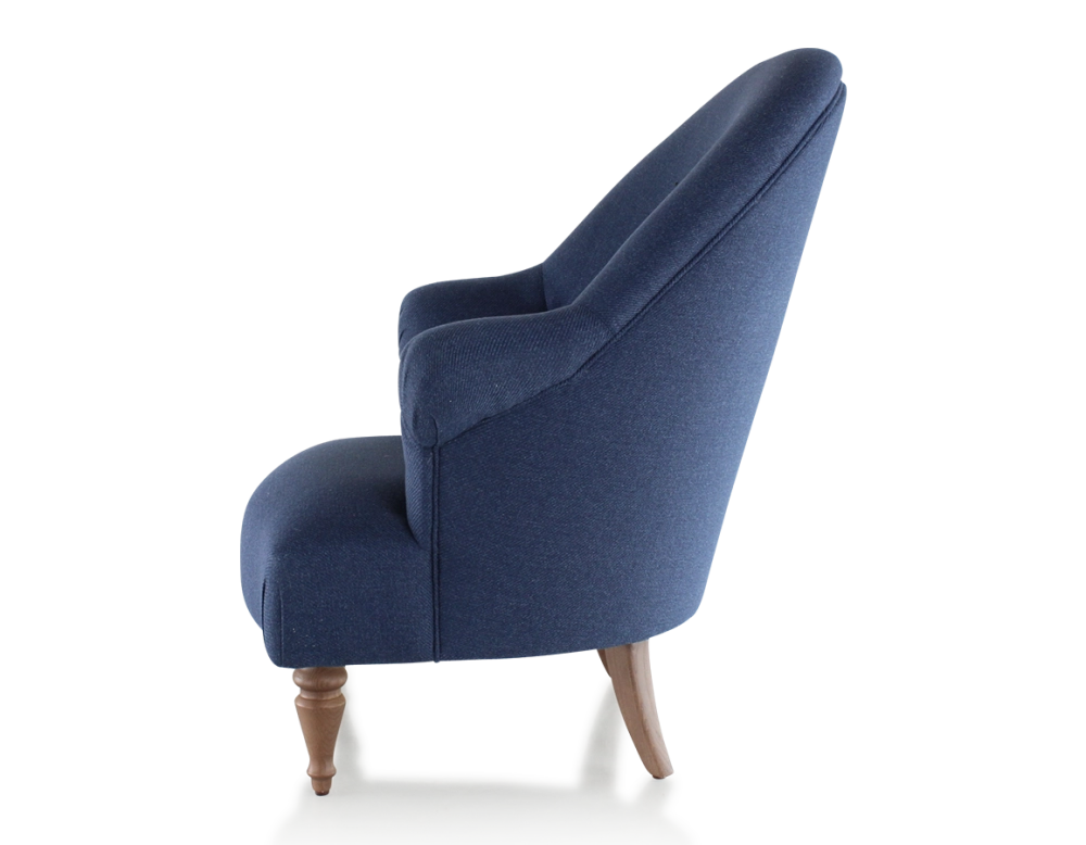 Fauteuil crapaud avec accoudoirs pieds bois teinte noyer et tissu bleu marine moyen dossier Fauteuil crapaud avec accoudoirs pieds bois teinte noyer et tissu bleu marine moyen dossier