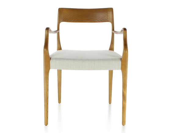 Scandinavian armchair with armrests cherry-stained wood, natural beige fabric seat