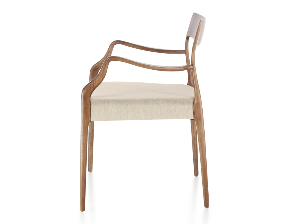 Scandinavian armchair with armrests walnut-stained wood, camel-coloured fabric seat Scandinavian armchair with armrests walnut-stained wood, camel-coloured fabric seat