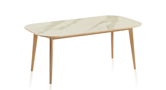 8 person oak and ceramic dining table with natural stained wood and white marble effect ceramic top 210x90 cm