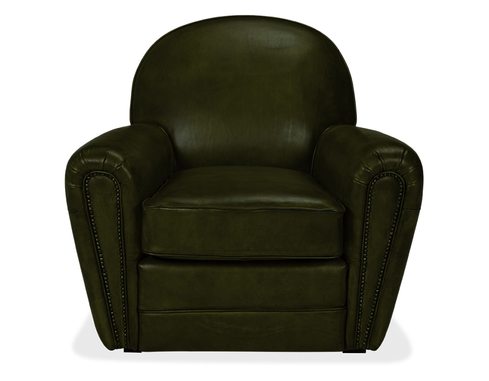 Fauteuil club cuir vert olive accoudoirs cloutés Fauteuil club cuir vert olive accoudoirs cloutés