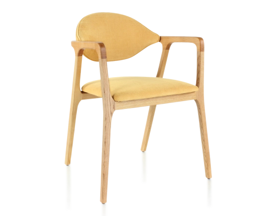 Designer chair with armrests natural wood stain and yellow fabric