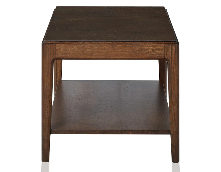 Table basse rectangulaire en chêne et céramique avec tablette en bois teinte marron foncé plateau céramique brun oxydé 100x50 cm