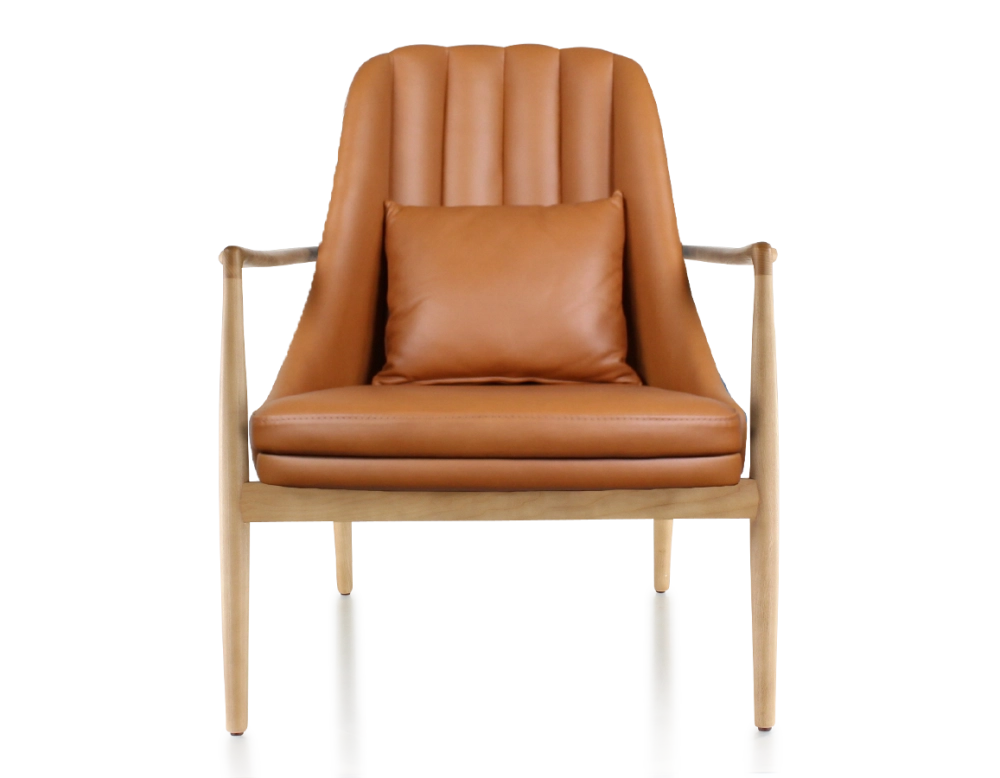 Fauteuil scandinave bois teinte naturelle et cuir caramel Fauteuil scandinave bois teinte naturelle et cuir caramel