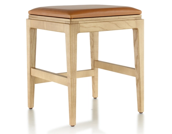 Tabouret design H45 cm bois teinte naturelle assise cuir caramel