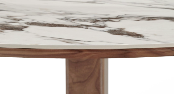 Table salle à manger ronde en noyer et céramique 4 à 6 personnes avec bois teinte naturelle et plateau céramique effet marbre blanc 110x110