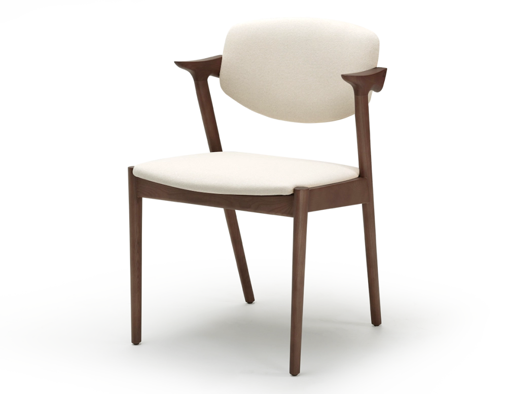 Scandinavian chair walnut-stained wood with off-white fabric seat. Scandinavian chair walnut-stained wood with off-white fabric seat.
