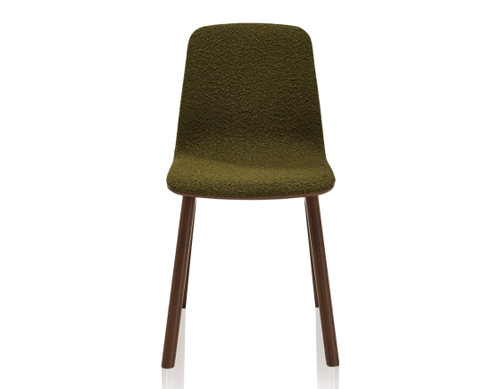 Upholstered oak designer chair dark brown stained wood, green boucle fabric seat