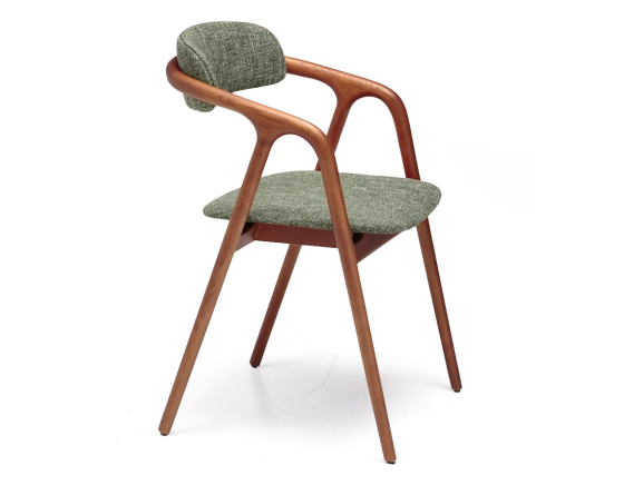 Chaise scandinave bois teinte merisier assise tissu beige chiné vert