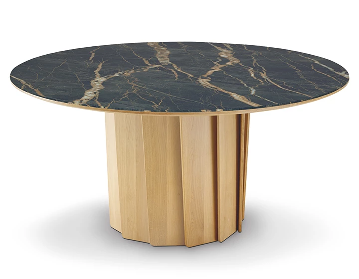 Table salle à manger ronde en chêne et céramique avec bois teinte naturelle et plateau céramique effet marbre noir 120 cm