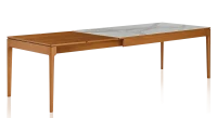 Table extensible en chêne et céramique allonges bois avec bois teinte merisier et plateau céramique effet marbre blanc 140x100 cm