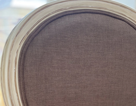 Antique Louis XVI style chair dark brown stained wood and taupe fabric