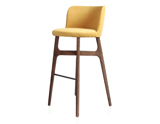 Tabouret de bar h80 cm bois teinte marron foncée assise tissu jaune