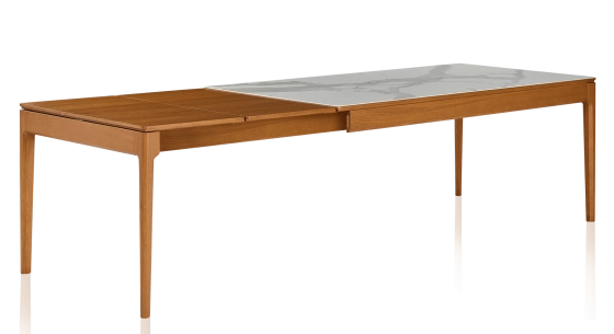 Table extensible 6 à 10 personnes en chêne et céramique allonges bois avec bois teinte merisier et plateau céramique effet marbre blanc 140x90 cm
