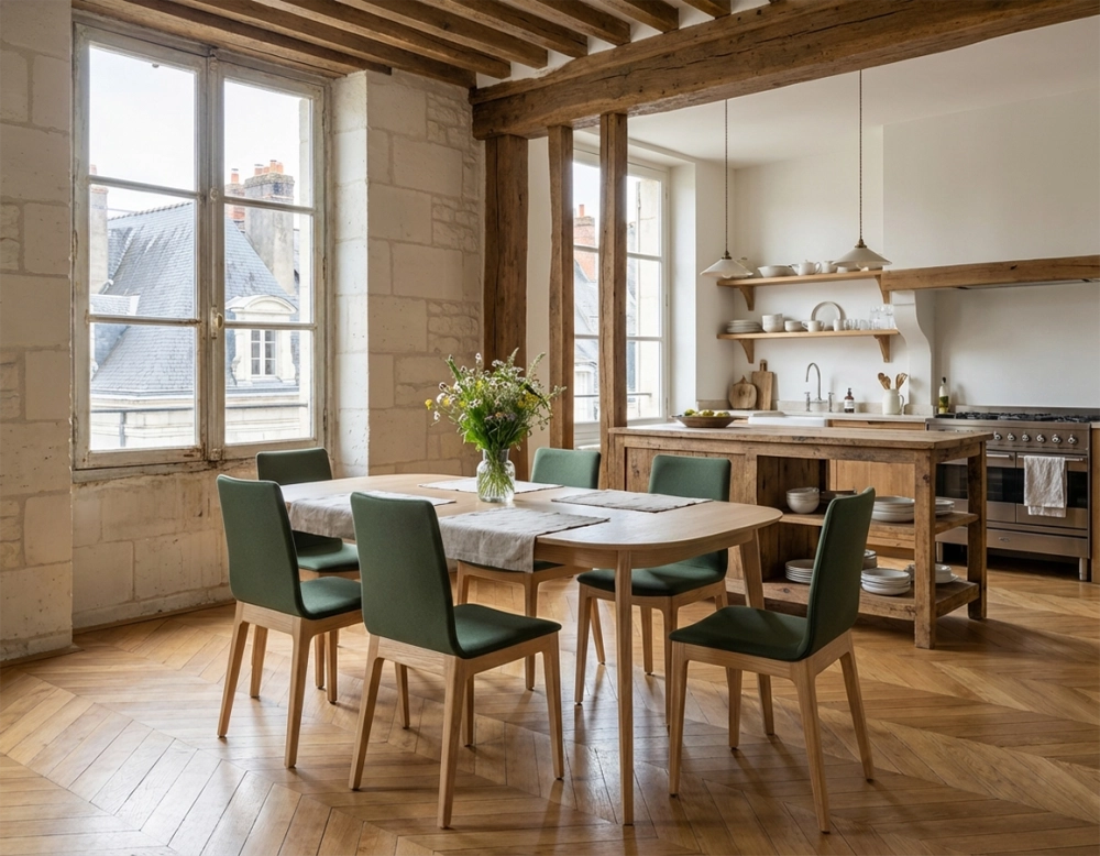 Chaise design bois teinte naturelle assise tissu vert forêt