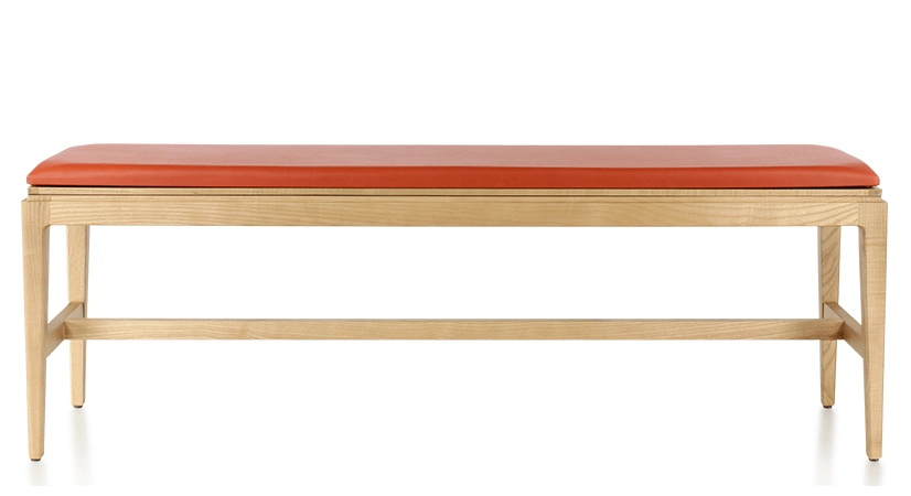 Banc design bois teinte naturelle assise cuir coquelicot L160 cm Banc design bois teinte naturelle assise cuir coquelicot L160 cm