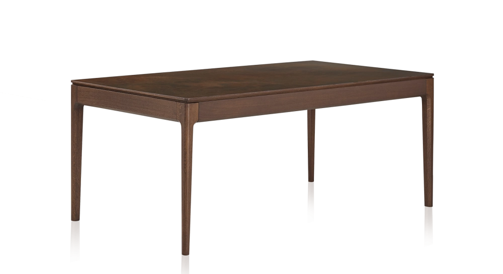 Oak and ceramic dining table for 6 people with dark brown stained wood and oxidised brown ceramic top 160x100 cm Oak and ceramic dining table for 6 people with dark brown stained wood and oxidised brown ceramic top 160x100 cm